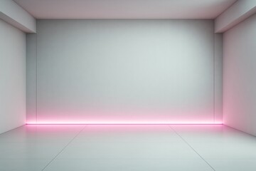 Minimalist empty room interior with soft pink LED floor lighting and clean white walls in modern architectural space concept design template mockup..