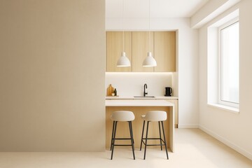 Fototapeta premium Modern minimalist kitchen interior with light wood cabinets, pendant lights, and clean beige walls for branding or design mockup background template.