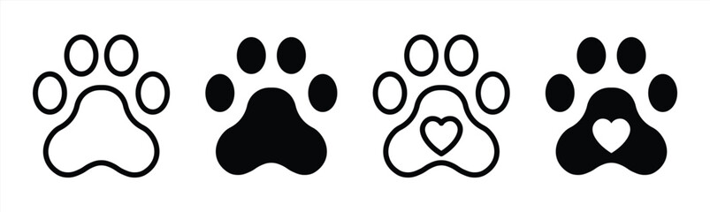 Pet paw icon set. Heart with dog, cat pet footprint. Paw print sign and symbol. Transparent Png and vector illustration