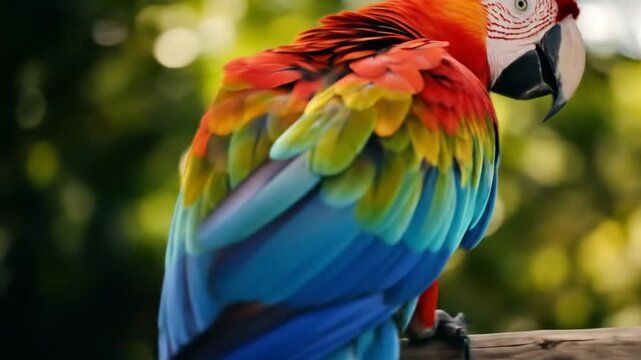 Colorful macaw parrot profile against bokeh background