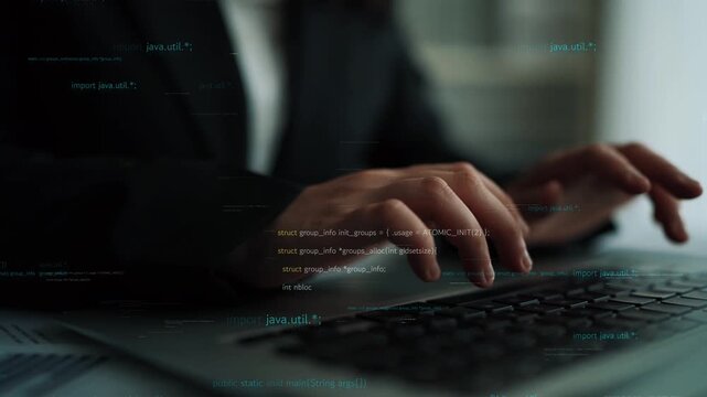 A focused professional in a dark suit engages with a laptop, immersed in programming tasks. The image captures a digital workspace surrounded by code snippets, illustrating modern technology. Xenic