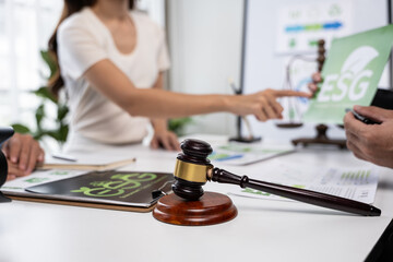 Legal discussion on esg strategies corporate office meeting professional environment close-up view sustainable development