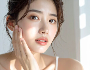 Beautiful Asian woman with dry skin looking worried