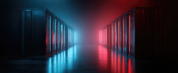 Server room with neon lighting