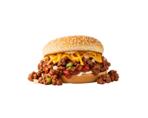 Delicious sloppy joe sandwich with cheese and sesame bun food photography shot on transparent background