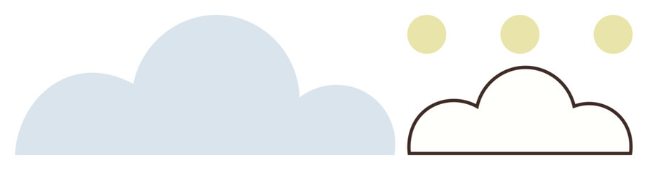Two cloud designs one solid blue and one outlined in black sit under three yellow circles. Ideal for weather, nature, minimal style, simplicity, balance, playful designs, and creative concepts