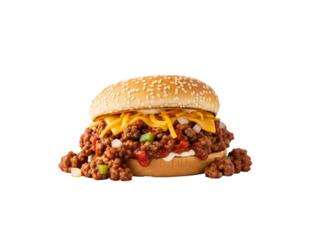 Delicious sloppy joe sandwich with cheese and sesame bun food photography shot on transparent background