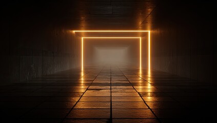 Futuristic tunnel with glowing orange rectangle frames
