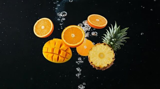 Fresh fruit splash with oranges mango and pineapple on black background.