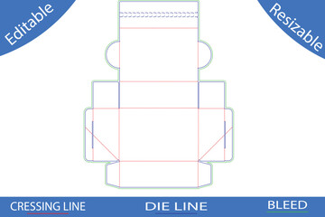 Box Die Cut Template with Red Creasing Lines and Blue Die Lines