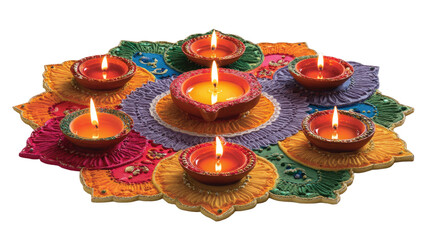 Colorful Diwali rangoli decorated with traditional clay oil lamps and bright festive patterns isolated on white background