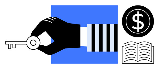 Black hand holding key in minimalist style with dollar sign and open book nearby. Ideal for finance, education, investment, success, opportunity, knowledge, and unlocking potential themes. Simple