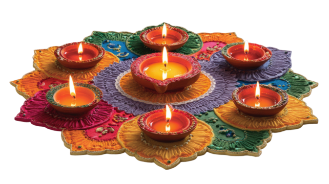 Colorful Diwali rangoli decorated with traditional clay oil lamps and bright festive patterns isolated on white background