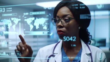 Black Female Doctor Interacting with Futuristic Holographic Medical Data Screen in Modern Hospital Setting - Powered by Adobe