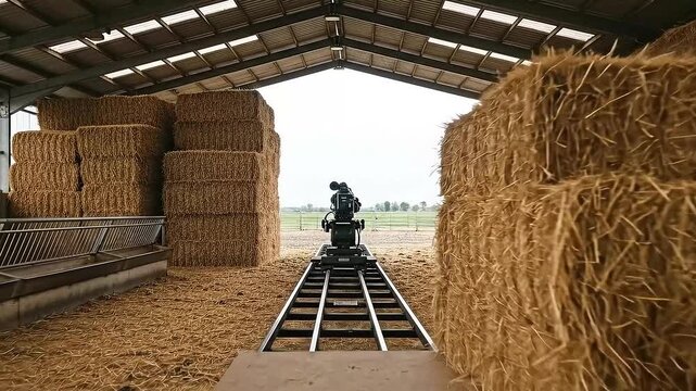 Interior Shot of a Barn Filled with Bales of Golden Hay Stacked High Under a Metal Roof Structure and Farm Equipment Resting on a Black Metal Railing System