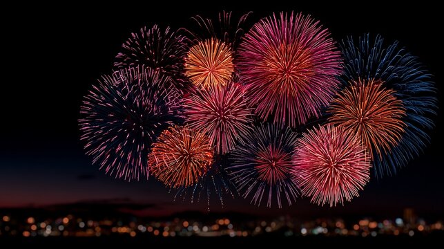 Spectacular vibrant fireworks illuminate the night sky over a blurred cityscape creating a festive