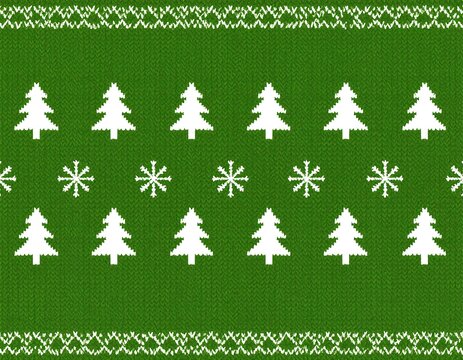 Pattern of Christmas Trees and Snowflakes on Green Background