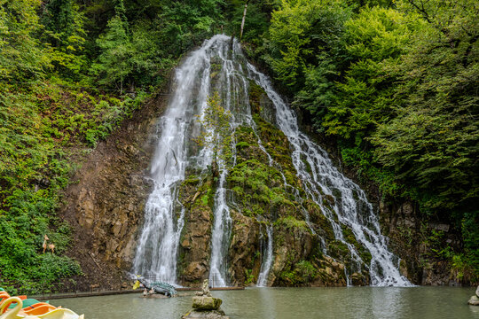 Khalkhal Waterfall with forest surroundings in Oghuz Azerbaijan