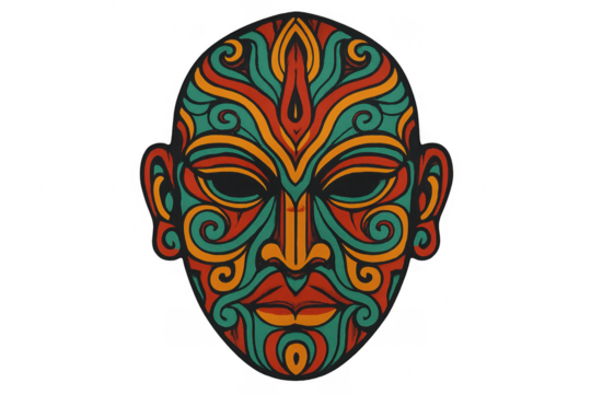 Colorful tribal spiritual mask art illustration on transparent background