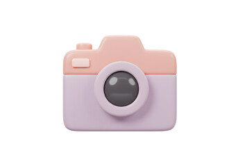 3D rendered image of a cute, cartoon-style camera in pastel pink and purple, Isolated on transparent background, png
