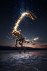 Obraz premium rearranged. Fossilized bone fragments suspended as glowing puzzle pieces forming an unknown dinosaur silhouette. wildlife magazines. 