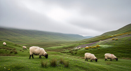 Sheep grazing in green valley with overcast skies
