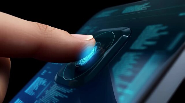 Fingerprint authentication on digital wallet. Secure login and digital ID verification using biometric sensor on a smart device for privacy, fintech security, and access control in digital banking.