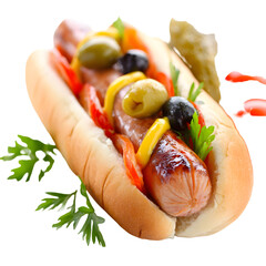 Delicious hot dog sandwich with olives mustard and red pepper slices on a transparent background
