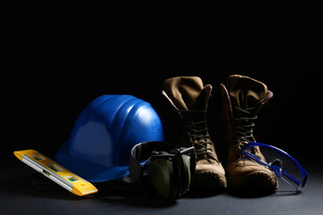 Hardhat, boots and construction tools on black background, closeup