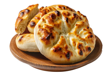 Egypt Baladi baked bread, Egyptian rustic and whole-grain flatbreads stacked in a pile on wooden plate, isolated on white transparent background, concept of Arabic bakery food