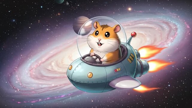 Animated hamster astronaut in space exploring galaxy and planets