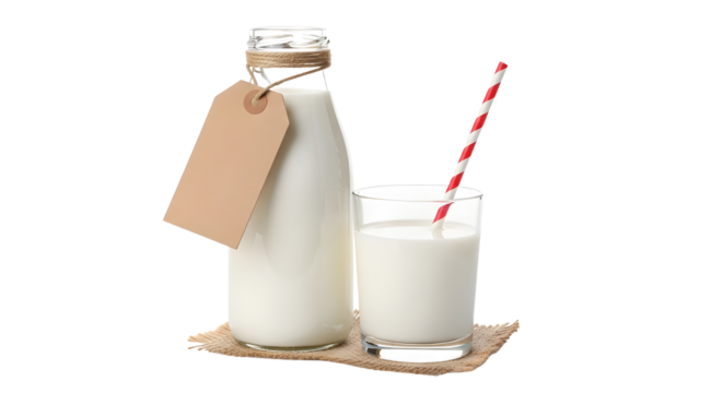 Fresh milk in a glass bottle with blank customizable tag and a drinking glass with striped straw. isolated PNG with Transparent Background