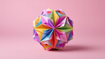 Colorful origami sphere on pink background (1)