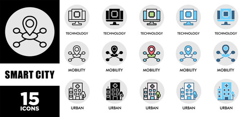 SMART CITY icon set with various styles and colors of corporate sustainability performance for investment screening	
