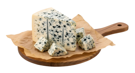 Delicious blue cheese wedge and cubes on a cutting board isolated for food promotion. isolated PNG with Transparent Background