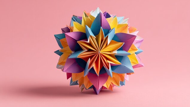 Colorful origami sphere on pink background (2)