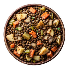 Overhead view of a wooden bowl filled with lentil stew and various vegetables against a transparent background