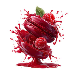 Macaron with raspberry and splash of red sauce on transparent background
