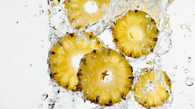 Rings of yellow fruit surrounded by splashing water, in a studio shot against a white backdrop
