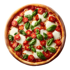 Delicious pizza with fresh tomatoes mozzarella and basil on transparent background