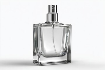 Elegant clear glass perfume bottle with silver atomizer isolated on white. Perfect for beauty ads, fragrance branding or product mockups.