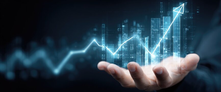 Hand holding a digital graph of growth over a city skyline