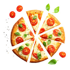 Delicious pizza slices with tomatoes and basil on a transparent background