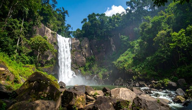 Lush waterfall cascading down rocky cliffs - Powered by Adobe