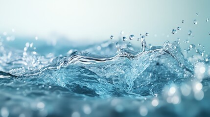 Close up shot of a water splash with droplets in shades of blue and white on a blurred background , 8k resolution 