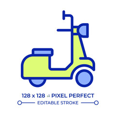 Motor scooter pixel perfect line color icon. Motorcycle with underbone step through frame. Comfortable vehicle. Isolated vector illustration. Flat colorful symbol design. Editable stroke