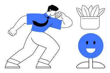 Fototapeta premium Man confidently posing in formal wear, accompanied by a happy face symbol and a potted plant. Ideal for business, leadership, motivation, positivity, teamwork, growth personal development. Simple