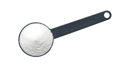 Top view of protein powder in a dark plastic measuring spoon for fitness supplements isolated PNG with Transparent Background