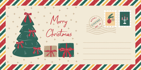 Fototapeta premium Christmas envelope design, Christmas mail with a decorated tree, gift boxes, and postage stamps. Holiday card template for the winter holidays.