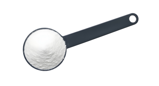 Top view of protein powder in a dark plastic measuring spoon for fitness supplements isolated PNG with Transparent Background